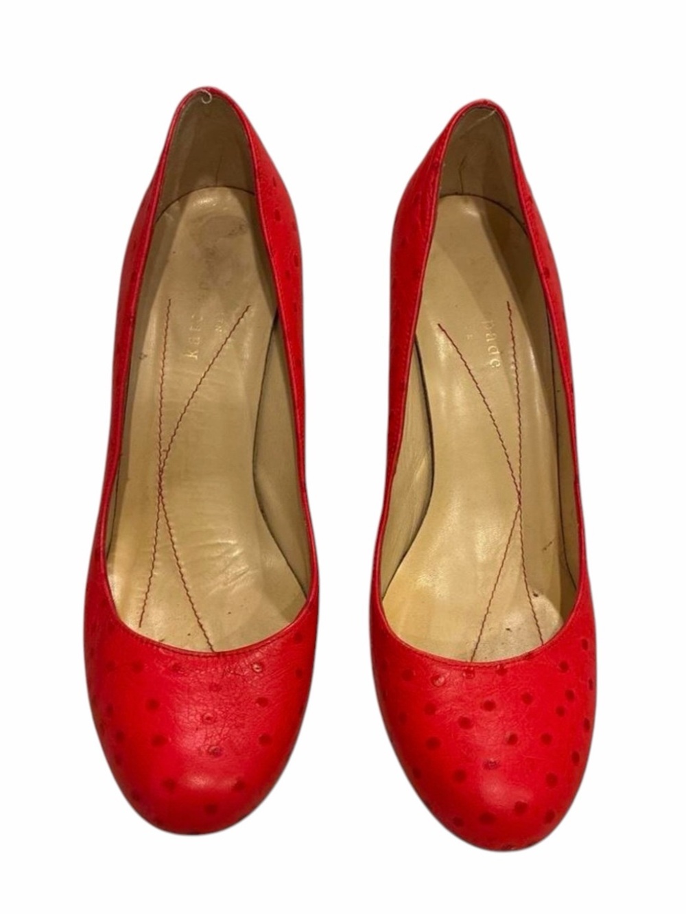 Kate Spade Red Ostrich Texture Dot Finish Round-Toe Leather Pumps Size 6